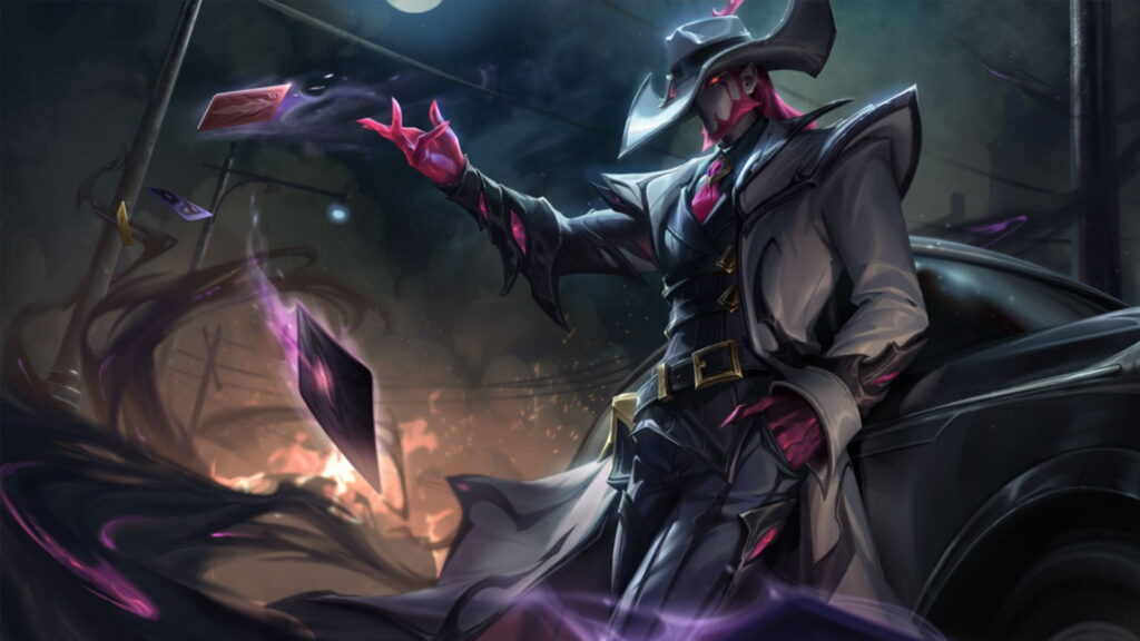 Twisted Fate throwing glowing cards in League of Legends artwork
