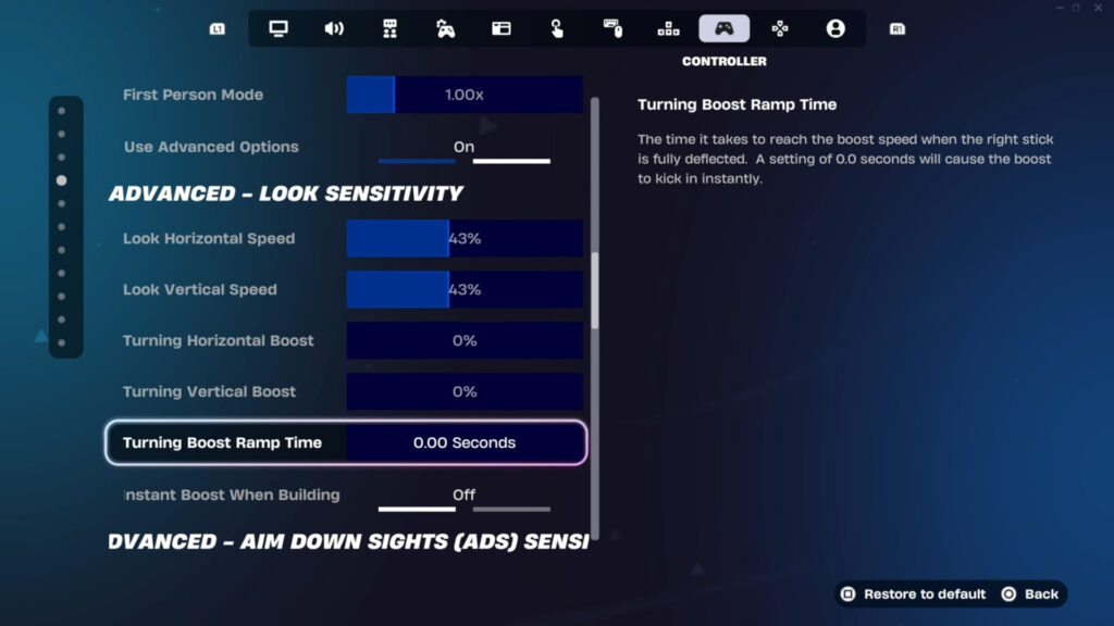Fortnite Advanced Look Sensitivity and turning boost settings