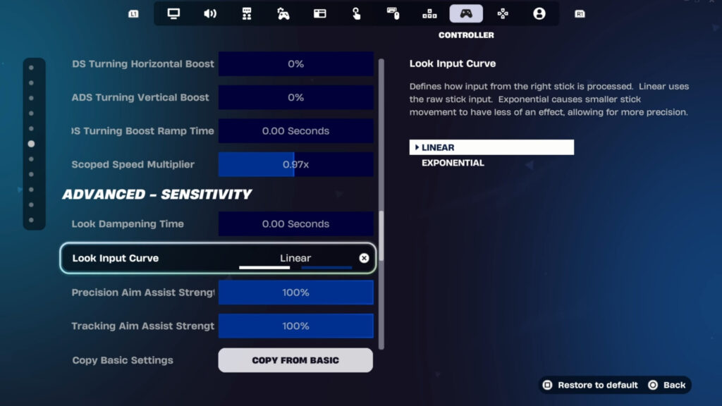 Fortnite Look Input Curve set to Linear in controller settings