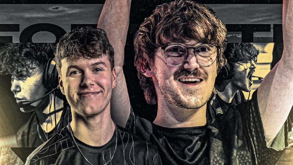 Two Fortnite esports players smiling and celebrating with raised arms in a stylized competitive graphic