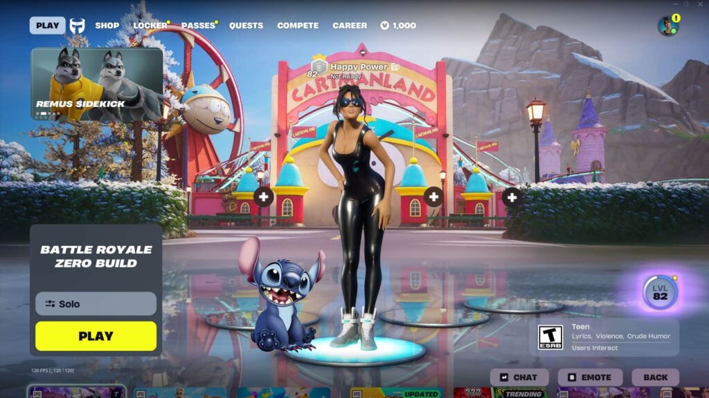 Fortnite lobby screen showing a player character standing beside Stitch as a Sidekick companion