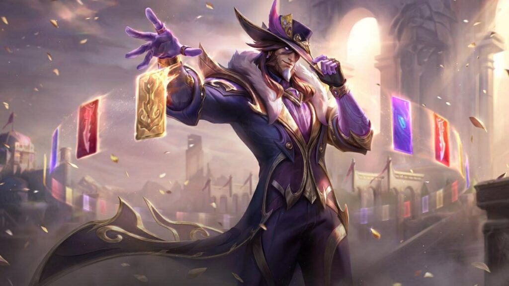 Twisted Fate stands confidently in a grand arena, levitating glowing playing cards in his hand, representing League of Legends ranked rewards.