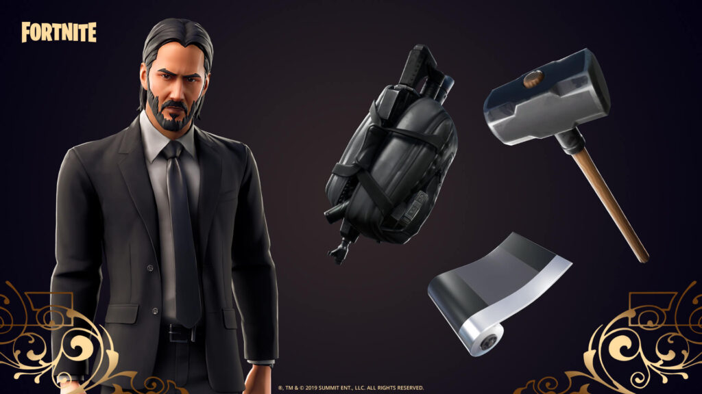 John Wick Fortnite skin shown in a black suit with themed accessories
