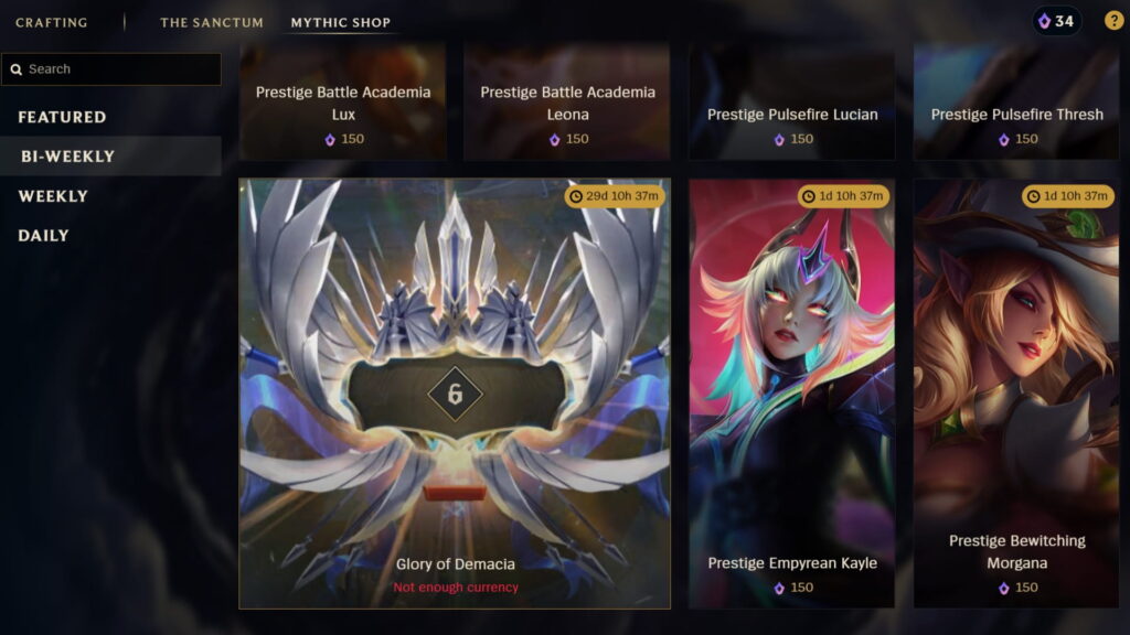 League of Legends Mythic Shop screen showing Prestige items