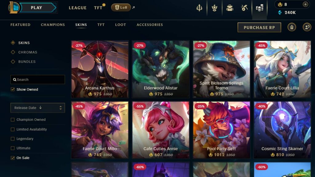 League of Legends in-client Store showing weekly skin sale discounts with multiple champions on sale