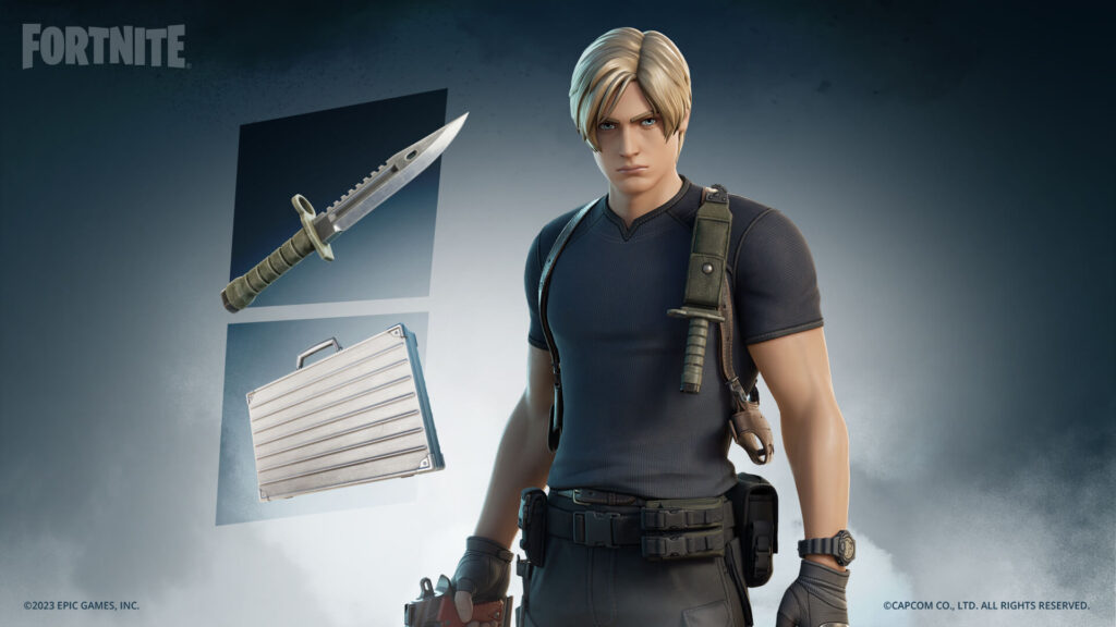 Leon Kennedy Fortnite skin shown with tactical outfit, knife, and briefcase accessories