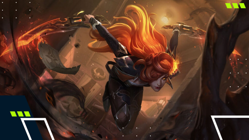 Splash art of Katarina with flowing red hair lunging forward with flaming daggers in a fiery action scene