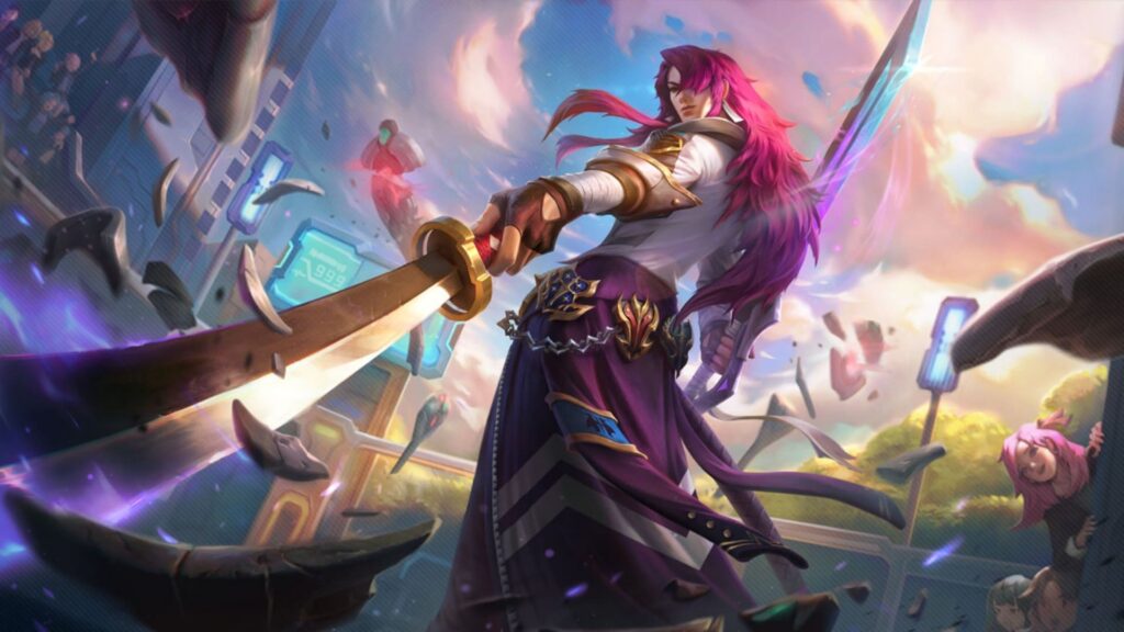Spirit Blossom Aphelios splash art featuring the pink-haired marksman wielding a glowing blade amid floating debris