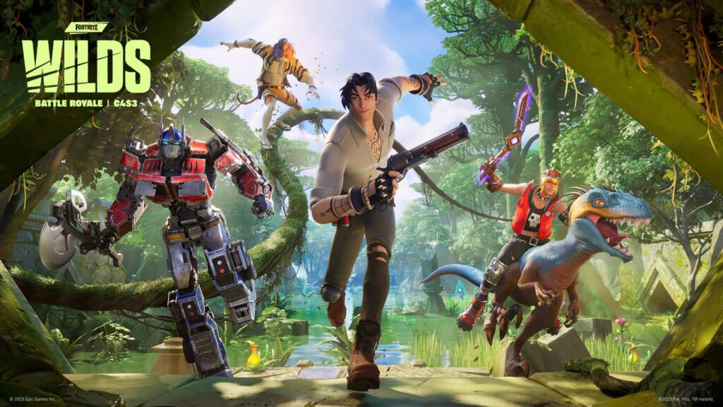 Fortnite Wilds artwork showing Lorenzo leading a group of characters running through a jungle