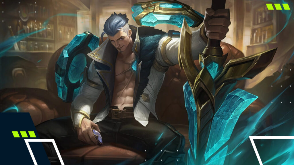Mobile Legends Bang Bang hero artwork with glowing blue weapon and effects