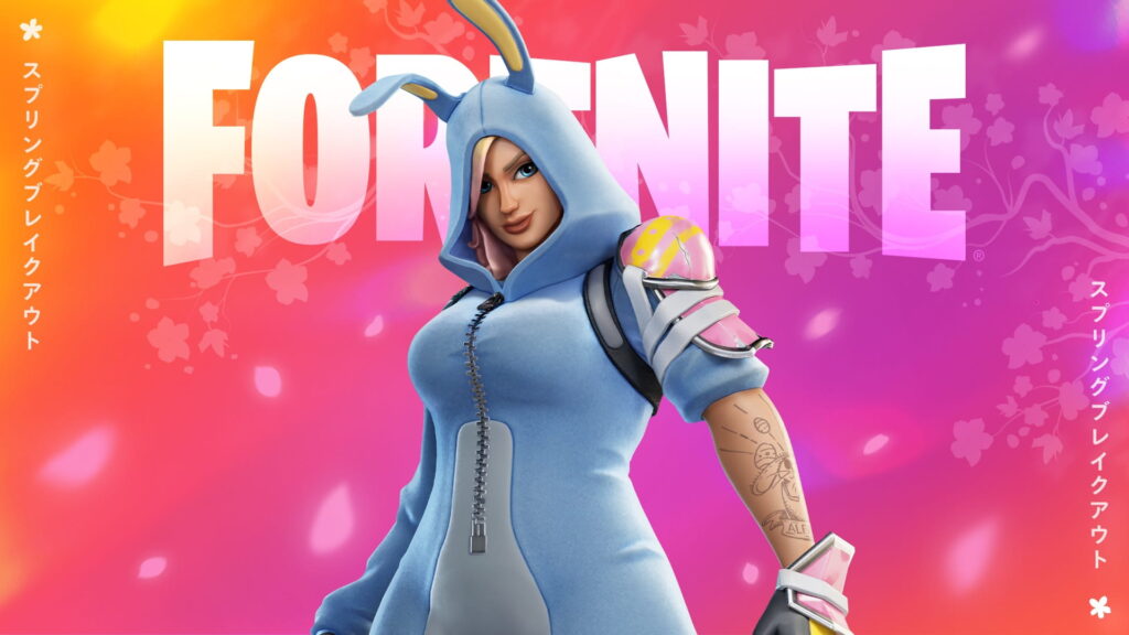 Miss Bunny Penny Fortnite skin wearing a blue bunny hoodie against a pink background