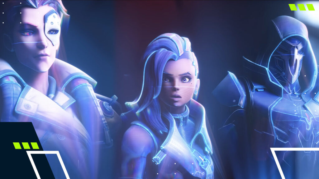 Overwatch heroes shown in blue neon lighting during the Reign of Talon era