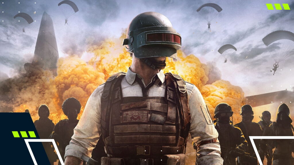 PUBG soldier with explosion and parachutes in the background