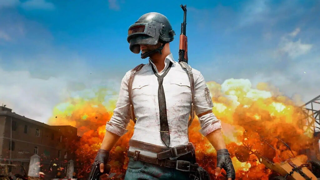 PUBG character standing in front of a large explosion