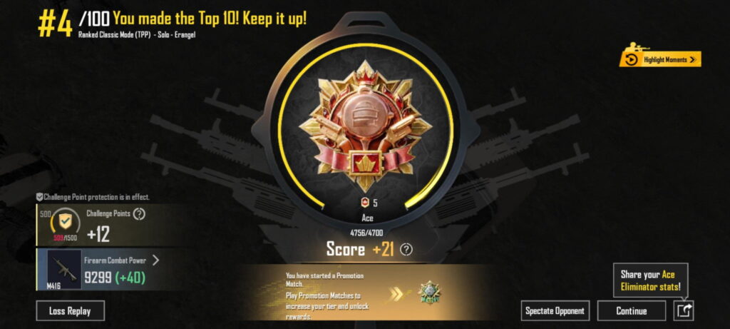 PUBG Mobile Ace rank screen showing RP score gain, promotion progress, and match placement