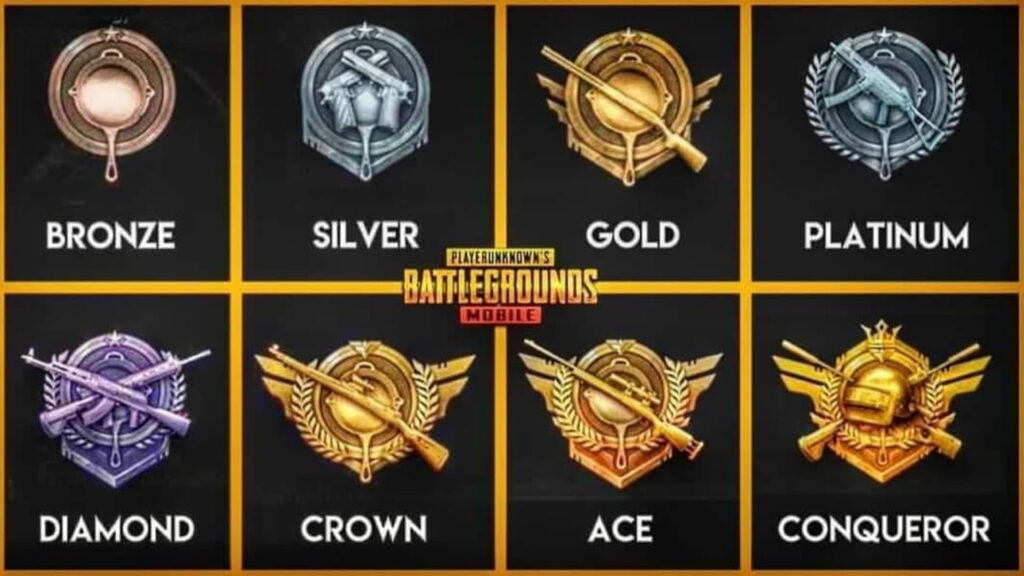 PUBG Mobile rank badges showing Bronze, Silver, Gold, Platinum, Diamond, Crown, Ace, and Conqueror tiers