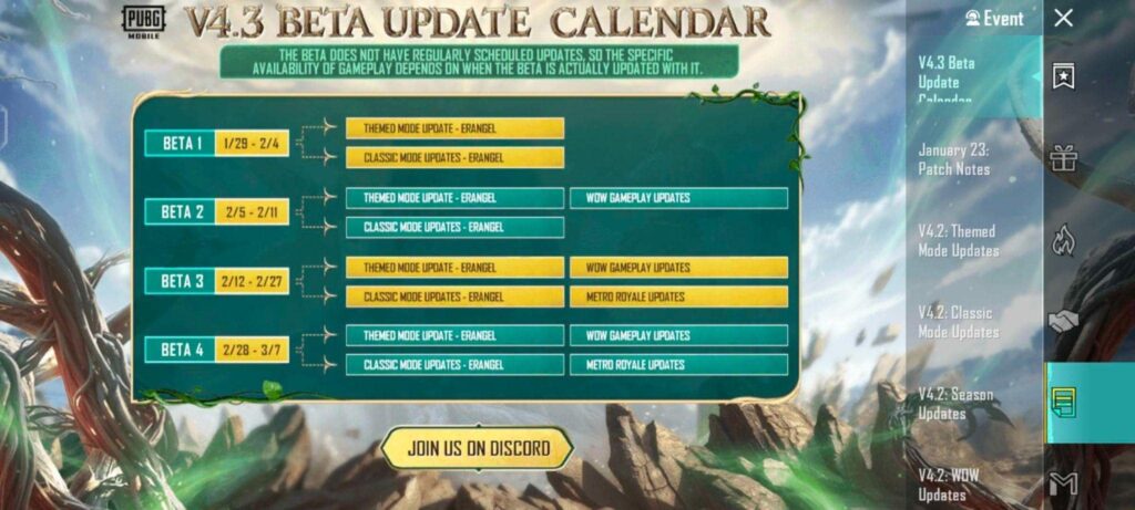 PUBG Mobile v4.3 beta update calendar showing four testing phases with dates, and themed mode updates