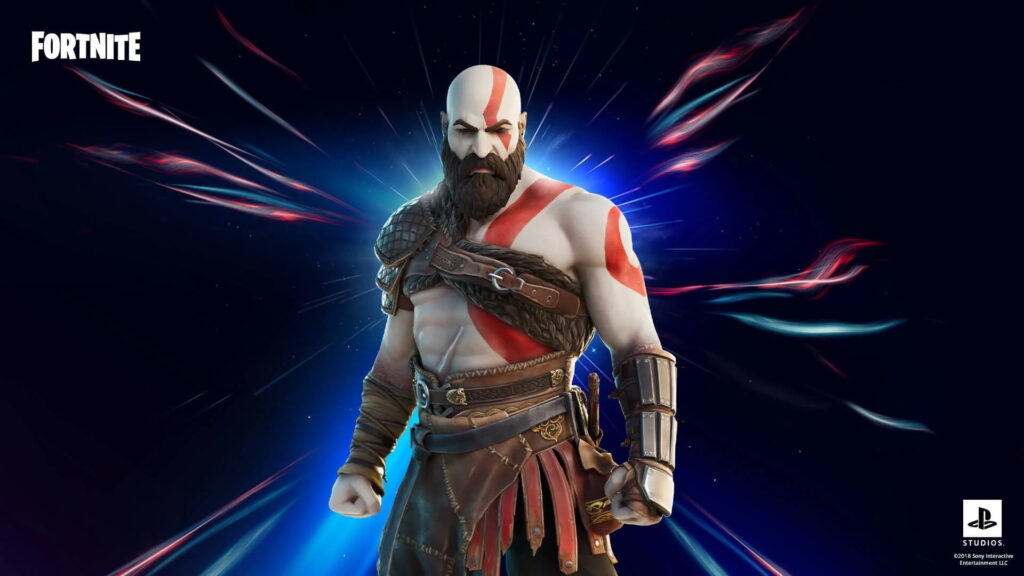 Fortnite Kratos skin with red body markings and leather armor on a dark background