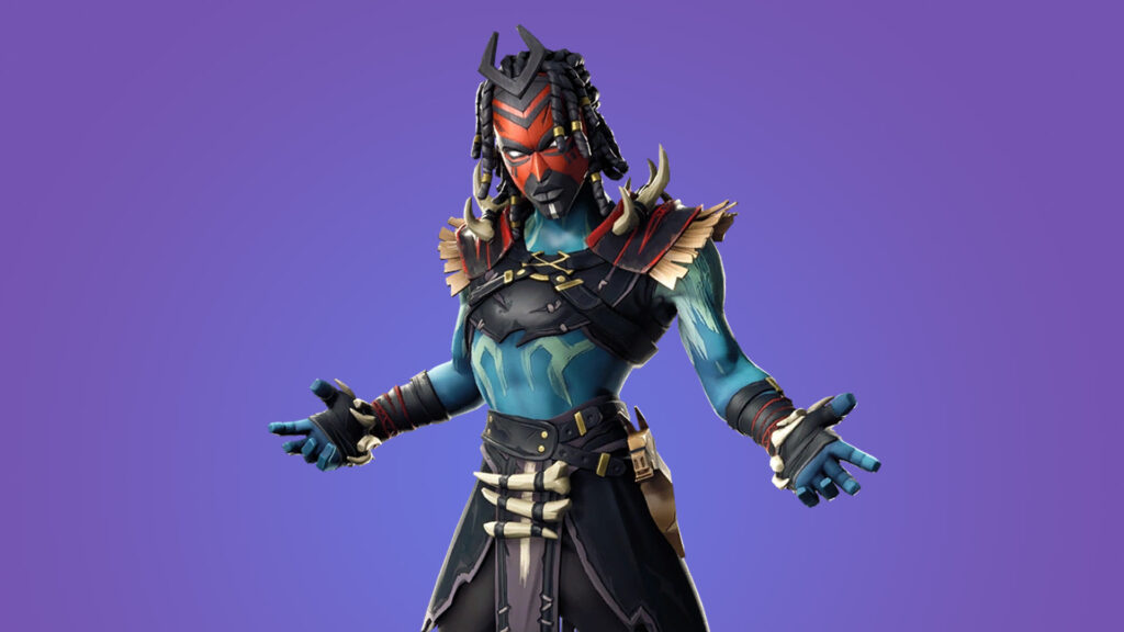 Fortnite Shaman skin with tribal mask and blue body paint on a purple background