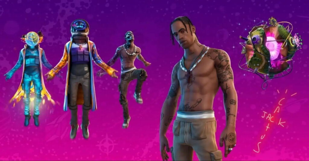 Multiple Fortnite Travis Scott outfit styles shown on a purple background