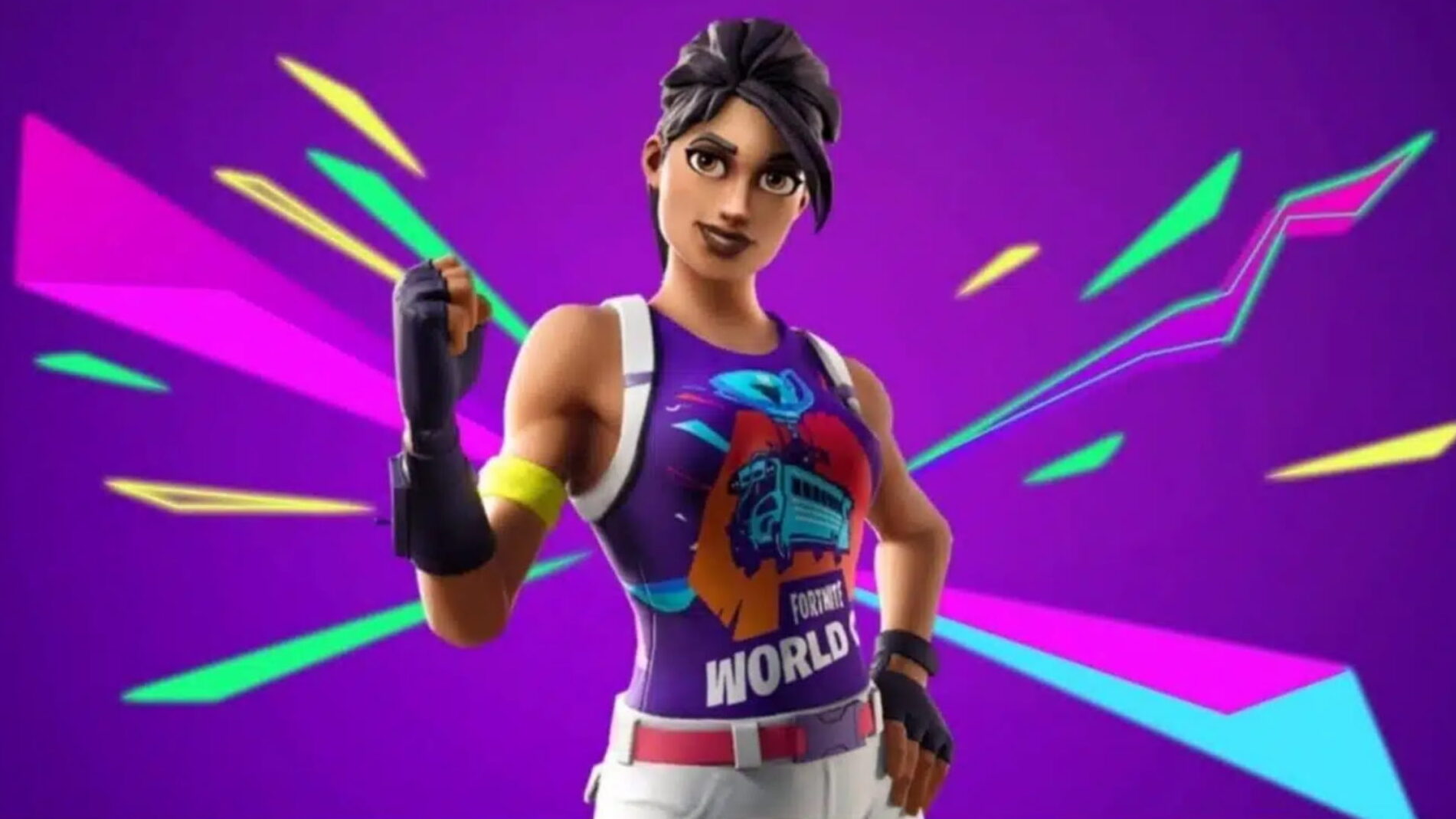 Fortnite World Warrior skin wearing a purple athletic top and white pants