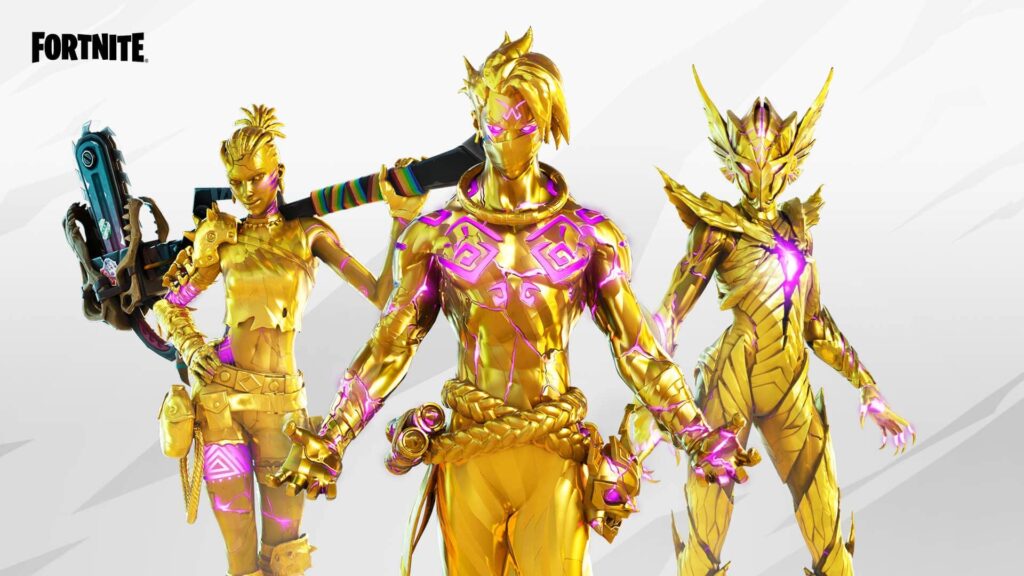 Raz Fortnite skin shown in golden styles with glowing purple details