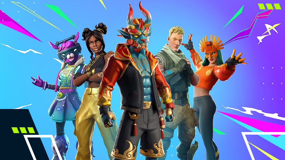 Fortnite characters posing together, showcasing a mix of male and female skins