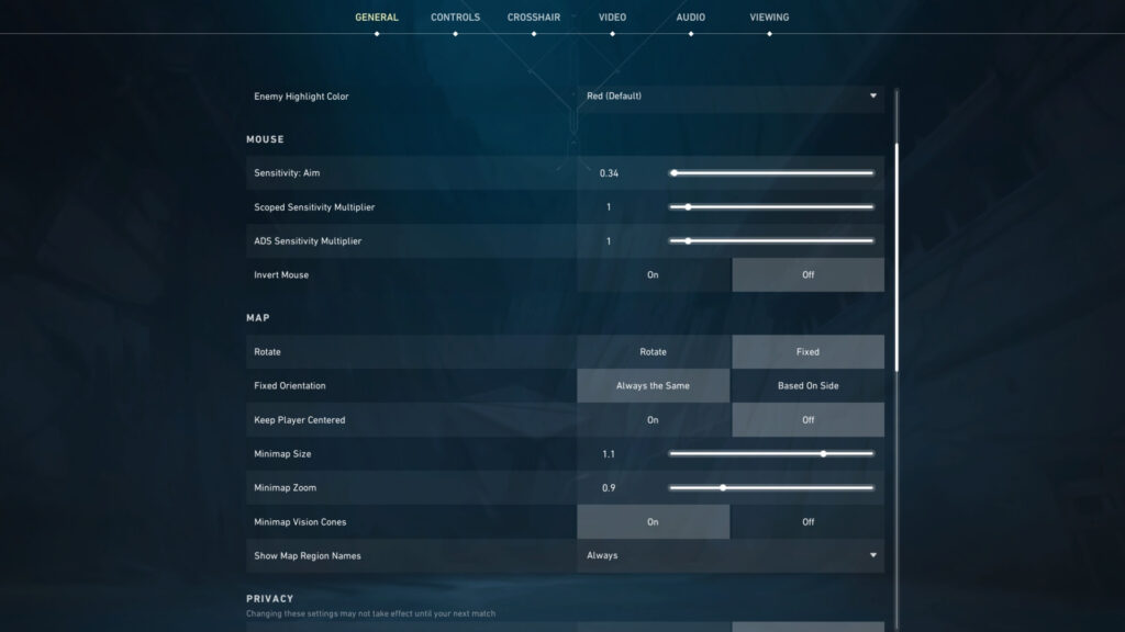 VALORANT mouse and map settings screen