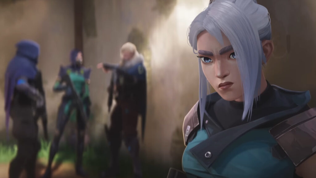 VALORANT Mobile cinematic still showing an agent in the foreground with teammates blurred behind