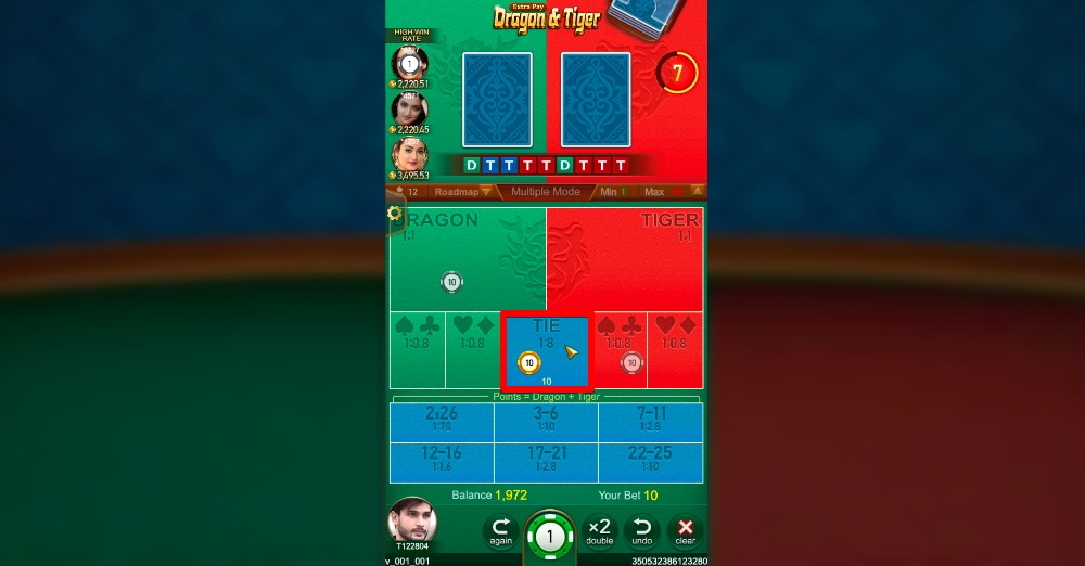 Cửa Tie có xác suất thắng thấp hơn Dragon và Tiger
