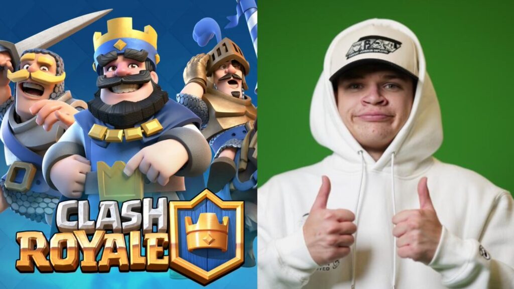 side by side image of clash royale cover next to jynxzi posing with his thumbs up