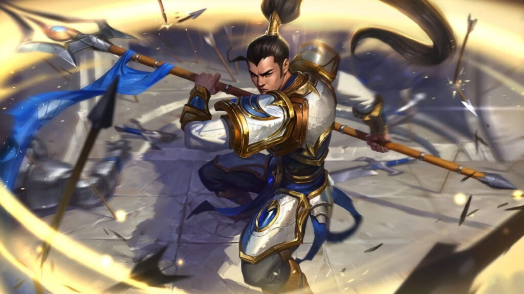 Xin Zhao wielding a spear in battle in League of Legends