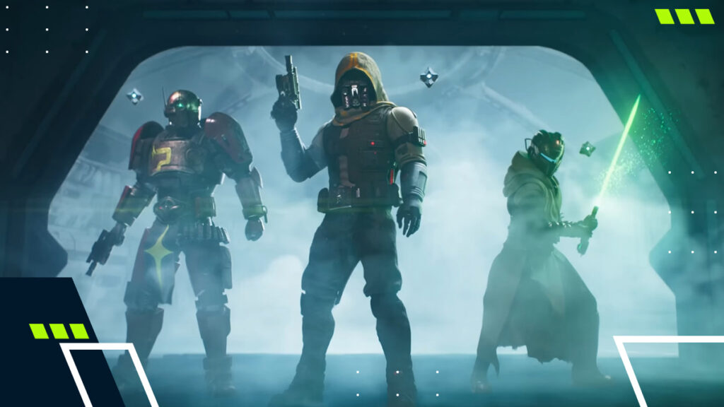 Three armored Guardians standing in a foggy corridor in Destiny 2