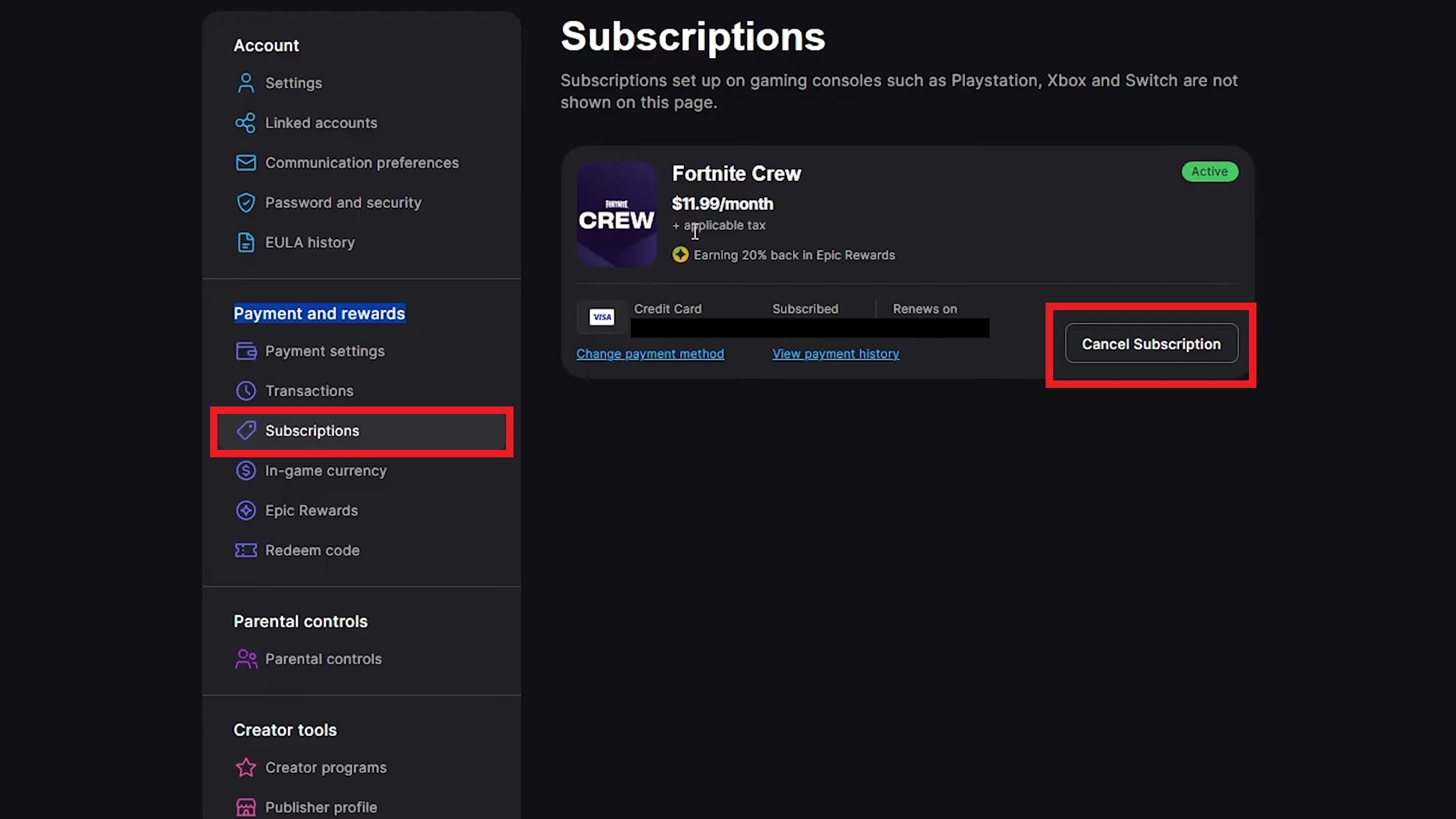 Fortnite Crew subscription page in Epic Games account with Cancel Subscription button