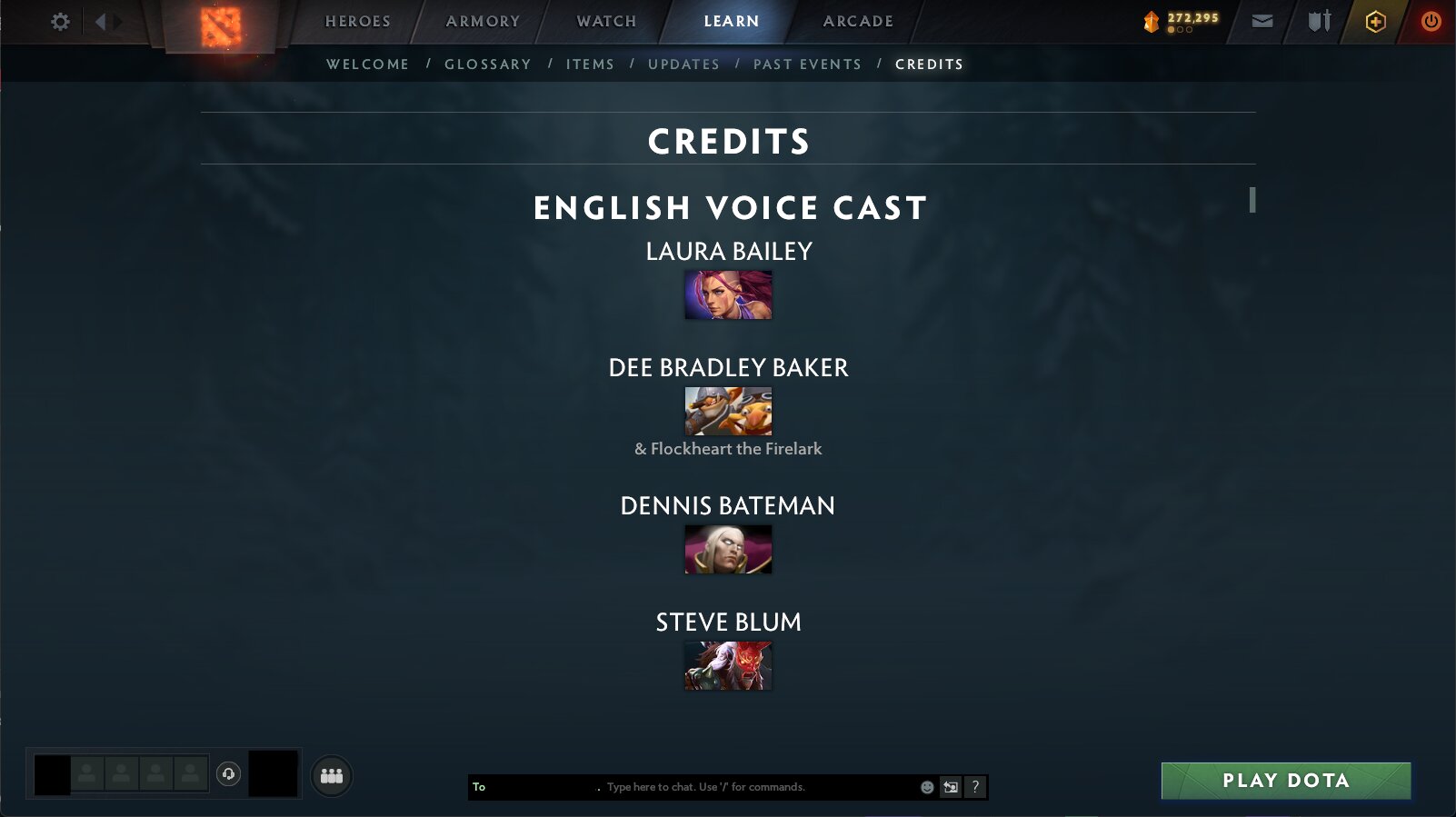 Dota 2 credits screen showing the English voice cast list