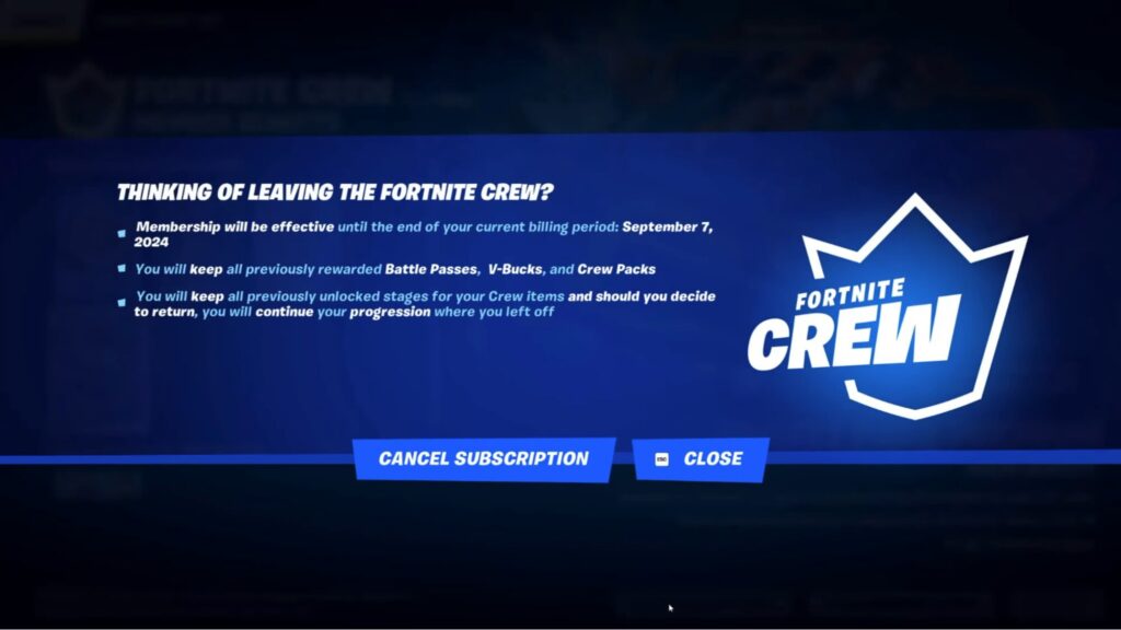 Fortnite Crew screen with "Thinking of leaving the Fortnite Crew?" message and Cancel Subscription button