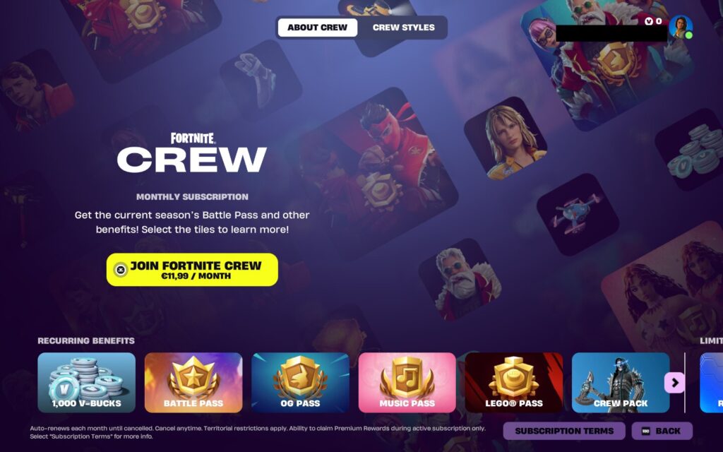 Fortnite Crew monthly subscription screen with Join Fortnite Crew button and benefits icons
