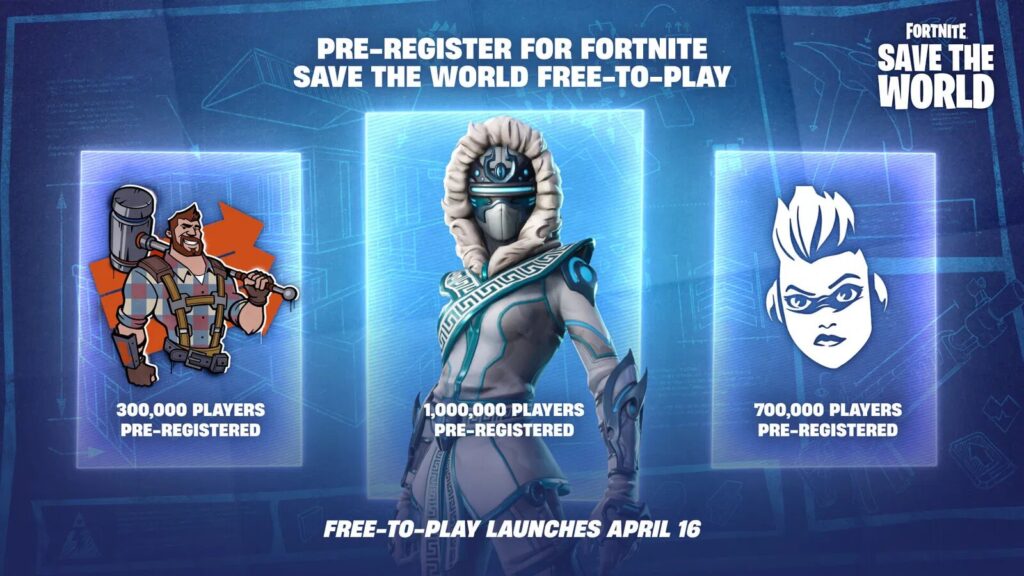 Fortnite Save the World pre registration milestone graphic showing reward tiers for 300,000, 700,000, and 1,000,000 players