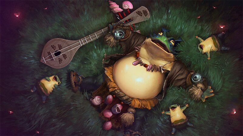 Largo hero lying on grass surrounded by small creatures in Dota 2