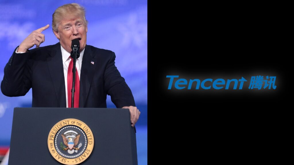 donald trump at speech rally side by side image with tencent logo