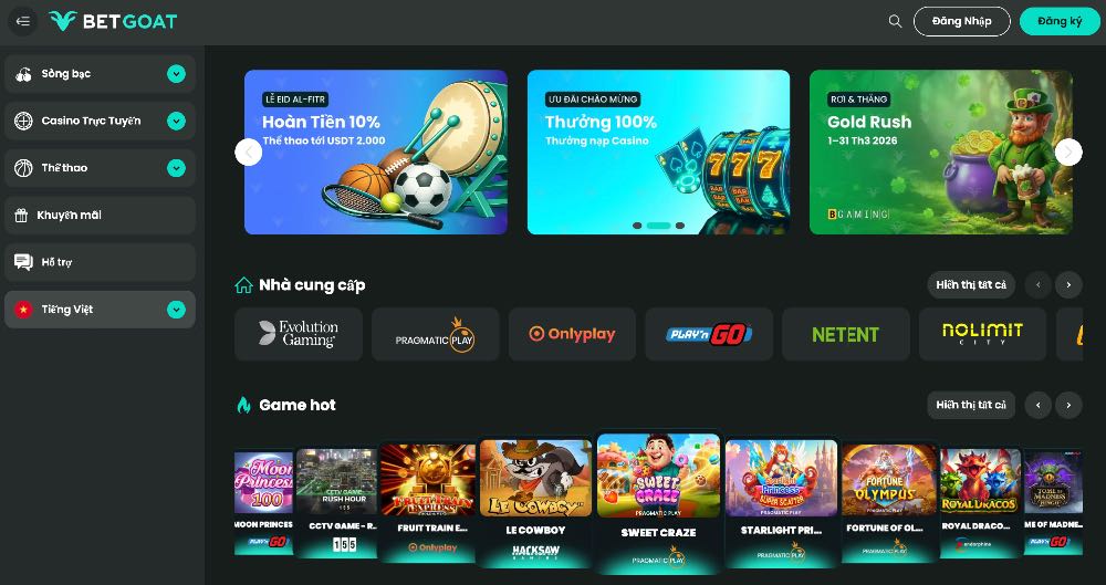 Ảnh chụp màn hình trang chủ Betgoat trên máy tính để bàn.