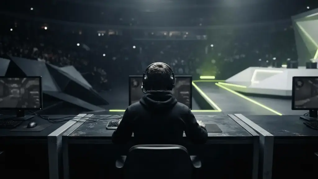 Anonymous esports player at a fractured stage with a neon-lime path symbolizing Envy’s possible Counter-Strike return