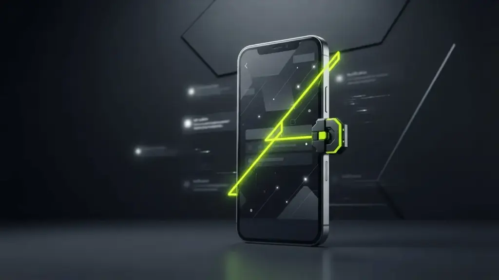 Smartphone blocked by a neon self-exclusion barrier, illustrating BetStop compliance failures