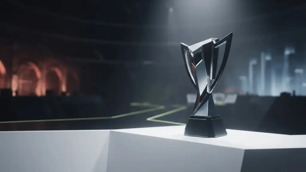 Counter-Strike esports trophy on a stage representing the 2027 Major circuit between Buenos Aires and Shanghai