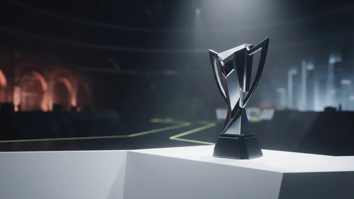 Counter-Strike esports trophy on a stage representing the 2027 Major circuit between Buenos Aires and Shanghai