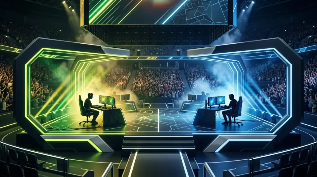 Abstract esports arena showing an undefeated Brazilian run and a tense path back to the European stage