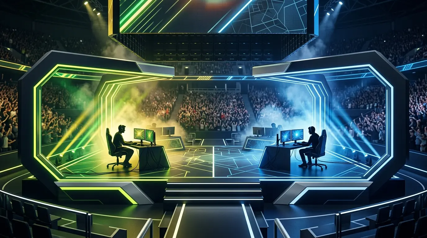 Abstract esports arena showing an undefeated Brazilian run and a tense path back to the European stage