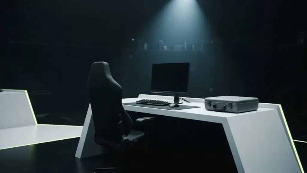 An empty esports gaming station under a spotlight represents the closure of a legendary North American organization.