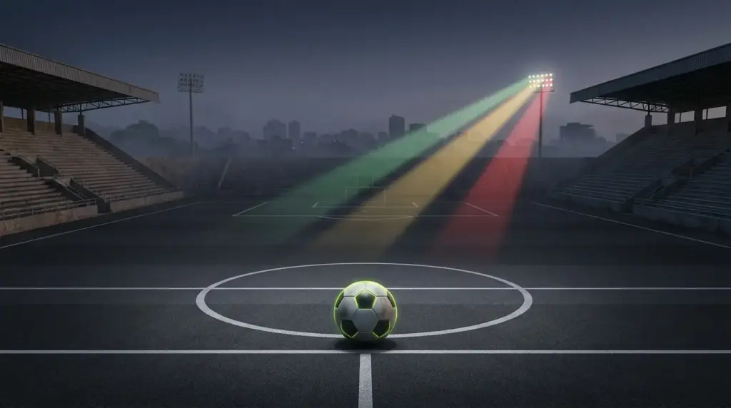 Football resting on a stadium halfway line under three investigative spotlights