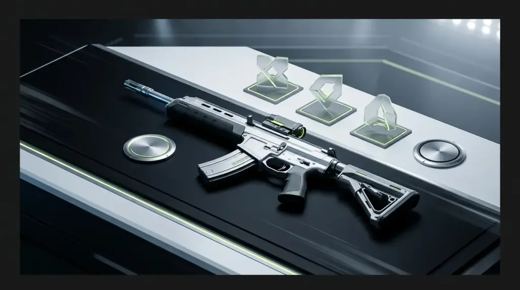 Futuristic tactical rifle with abstract ability shards and a metallic mastery emblem in a dark esports arena
